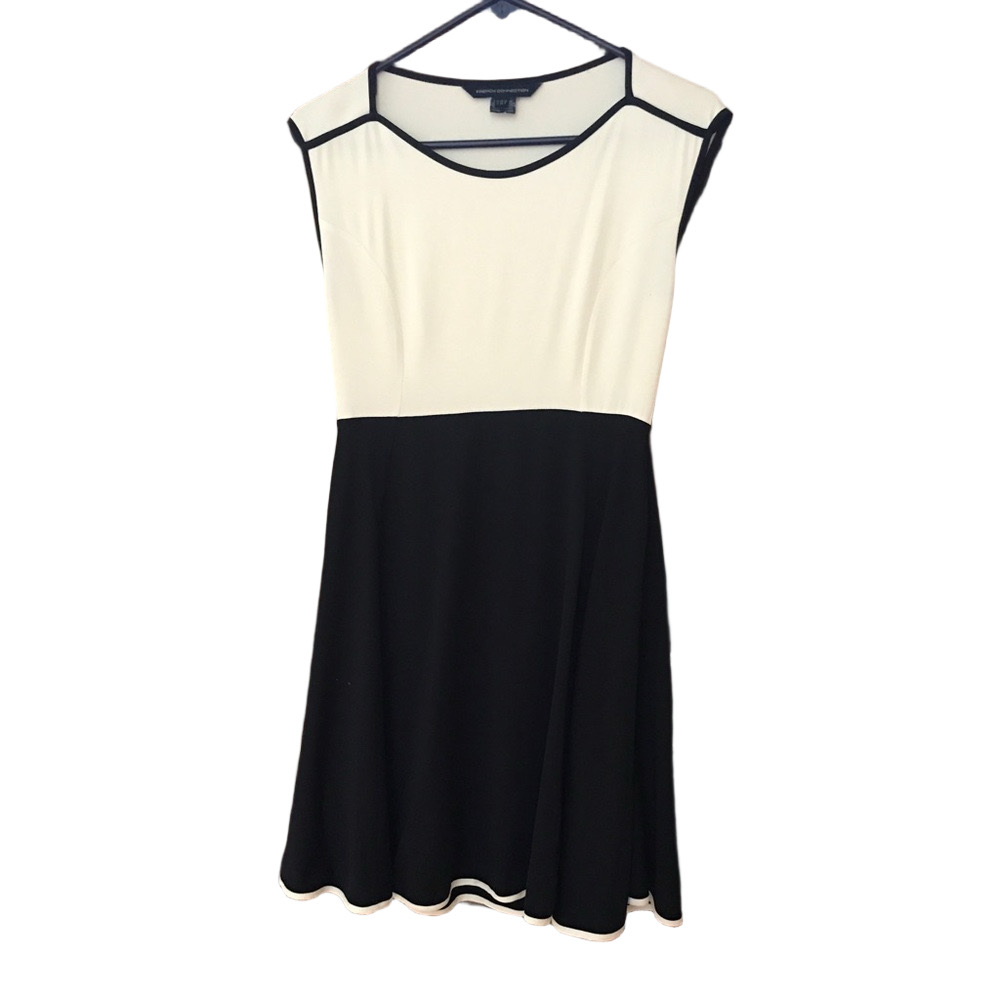 French Connection Black and Cream Colorblock Fit-and-Flare Dress